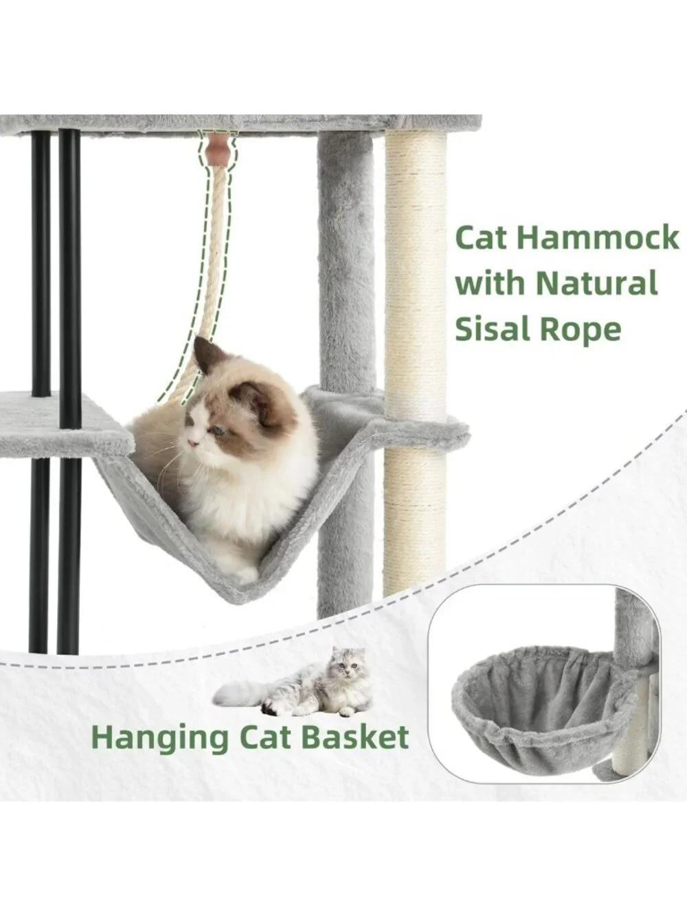 Cozy 43.3'' Cat Tree Tower with Hammock, Scratching Post & Large Platform, Light